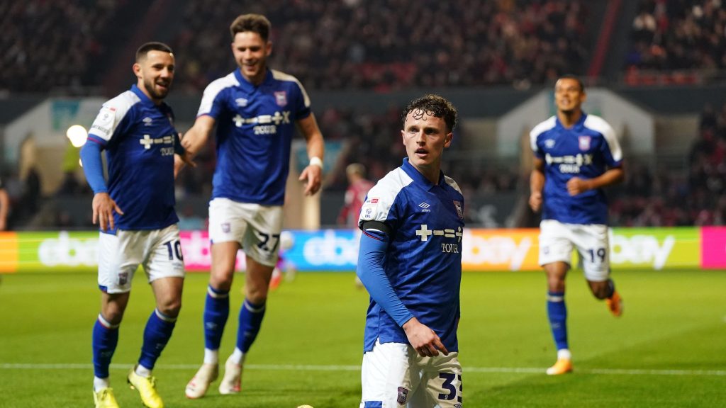 Ipswich Town's Nathan Broadhead celebrates scoring the opening goal during the Sky Bet Championship match at Ashton Gate, Bristol. Picture date: Wednesday October 25, 2023.